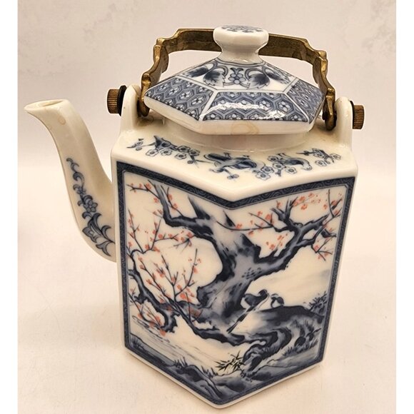 VTG Asian Dolphin China Teapot and Cups Set, Dynasty Blue & White Brass Handle - Picture 9 of 15